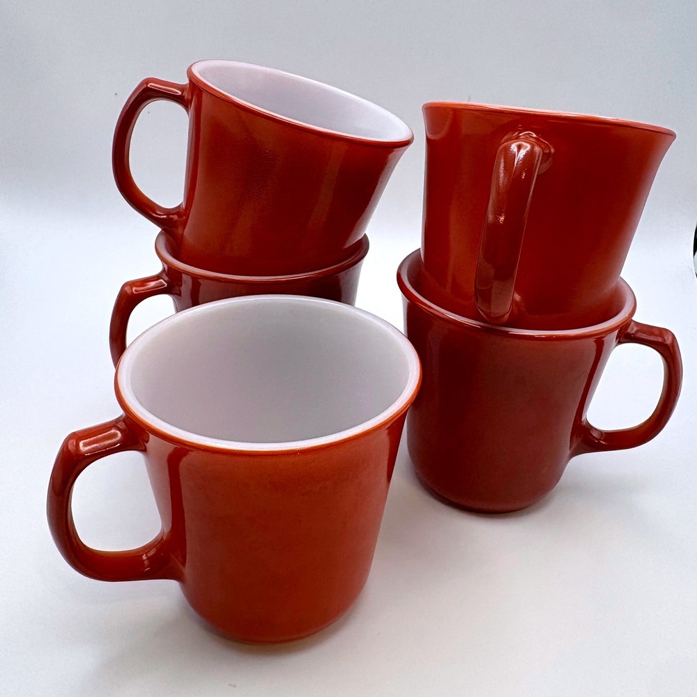 Vtg Pyrex Burnt Orange Milk Glass Mugs Set 5 Retro MCM Coffee Cups Pumpkin Spice